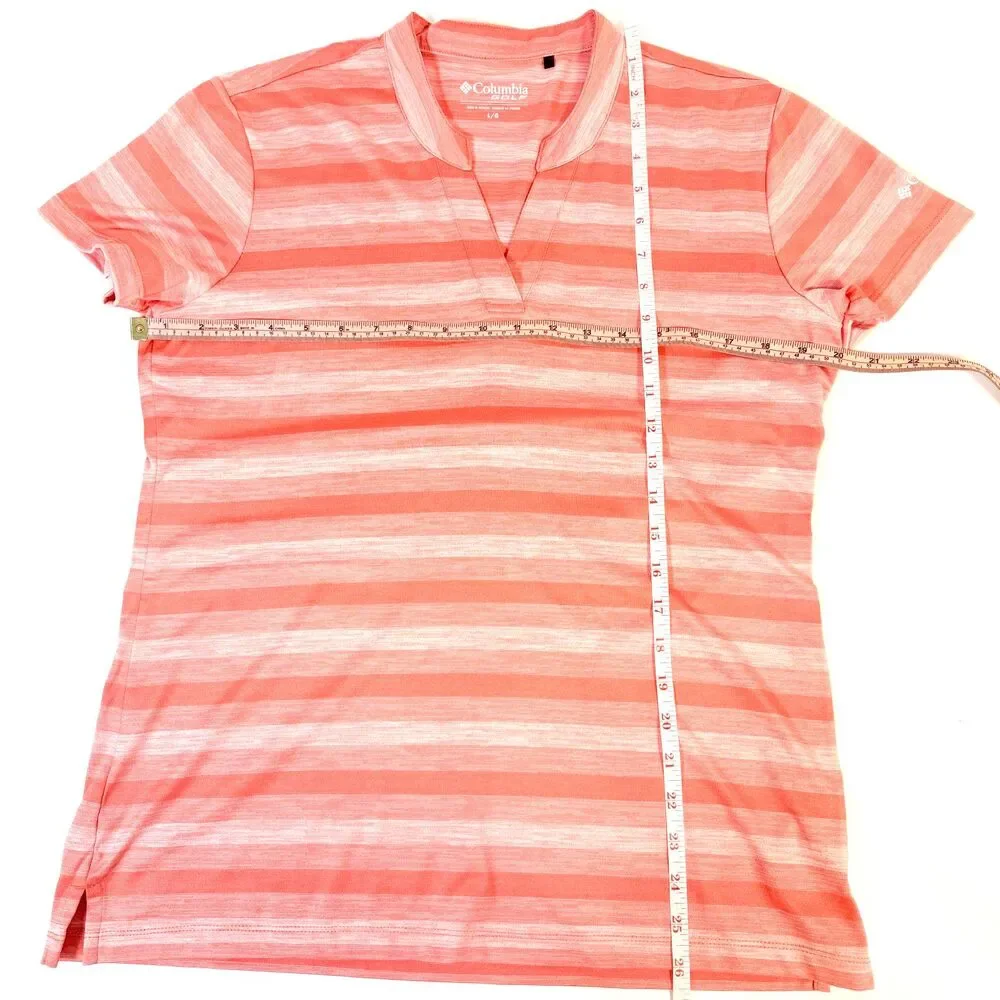 Columbia Striped Coral V-Neck Polo Womens Large‎ Performance Active Golf Shirt